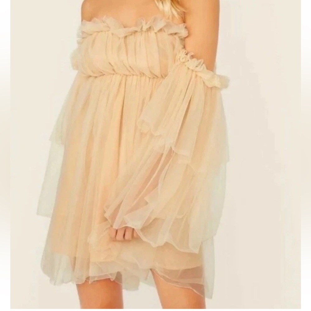 Beige Chiffon Dress Off Shoulder Coquette Grunge Womens Medium Lined Tulle